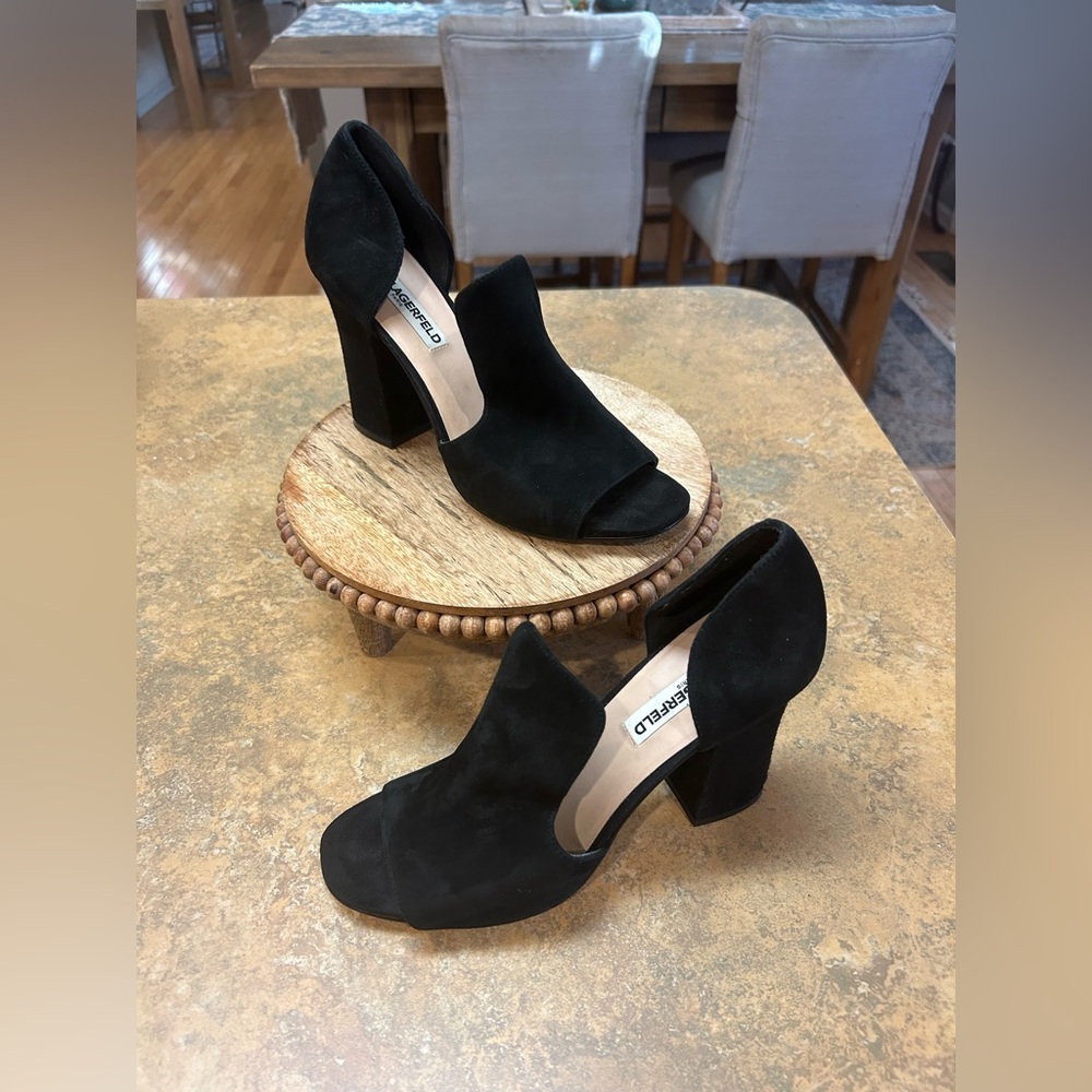 Karl Lagerfeld Black Suede Peep-Toe Block Heel Shoes